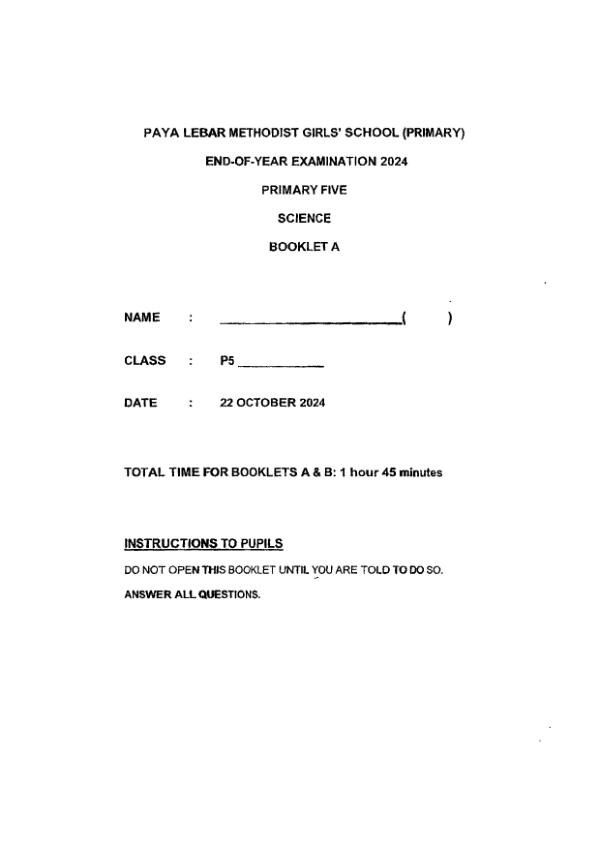 First page preview of P5 Sci 2024 SA2 — Methodist Girls