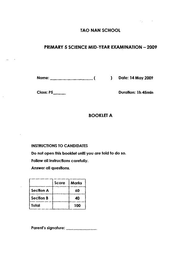 Tao Nan P5 Sci WA2 2009 exam paper PDF first page preview