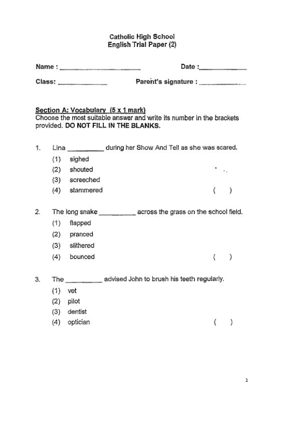 Catholic High P2 Eng WA2 2015 exam paper PDF first page preview