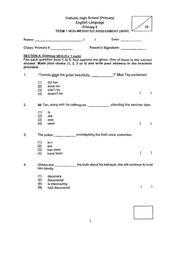 Catholic High P6 Eng WA1 2025 exam paper PDF first page preview