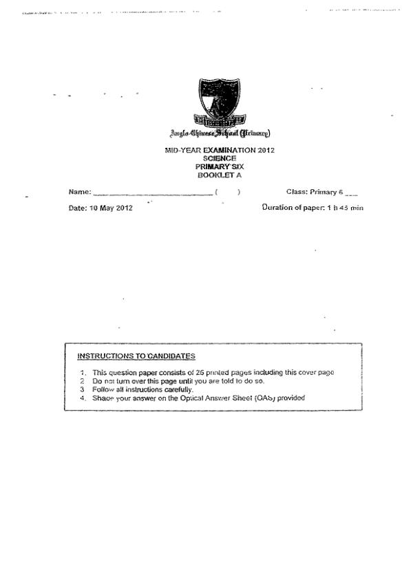 Anglo Chinese P6 Sci WA2 2012 exam paper PDF preview