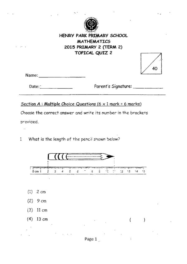 First page preview of P2 Math 2015 WA2 — Henry Park
