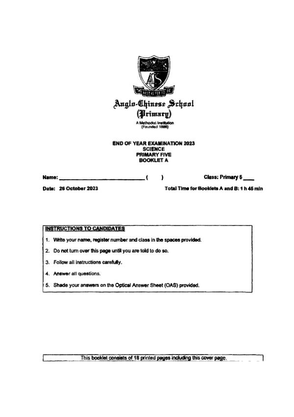 Anglo Chinese P5 Sci SA2 2023 exam paper PDF preview