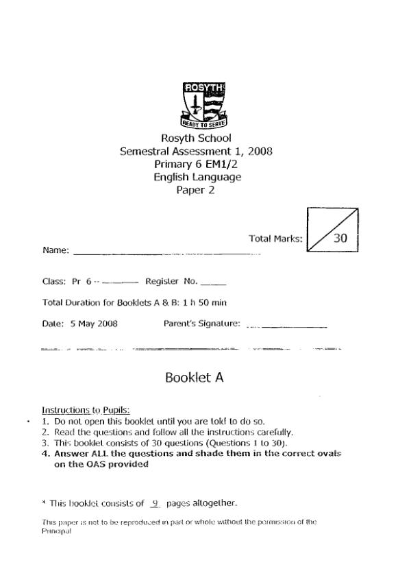 Rosyth P6 Eng WA2 2008 exam paper PDF first page preview