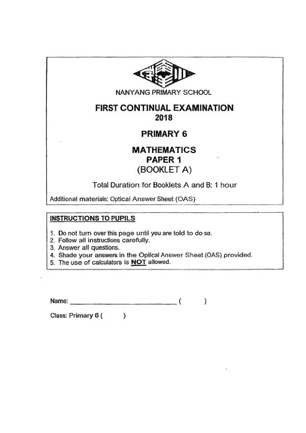 First page preview of P6 Math 2018 WA1 — Nanyang