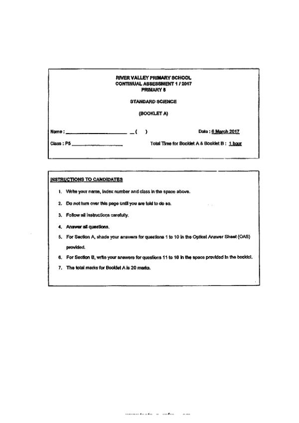 River Valley P5 Sci WA1 2017 exam paper PDF preview