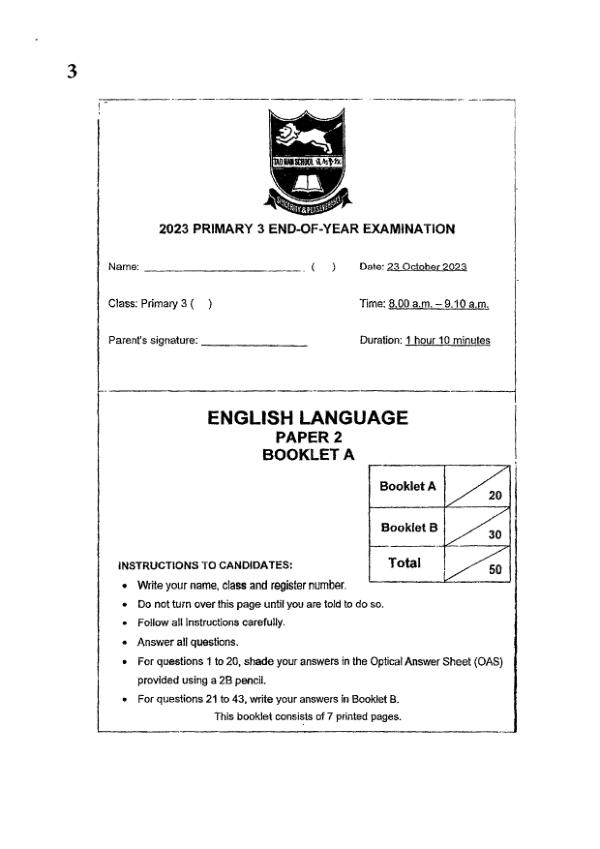 Tao Nan P3 Eng SA2 2023 exam paper PDF first page preview