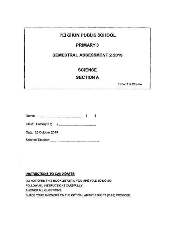 Pei Chun P3 Sci SA2 2019 exam paper PDF first page preview