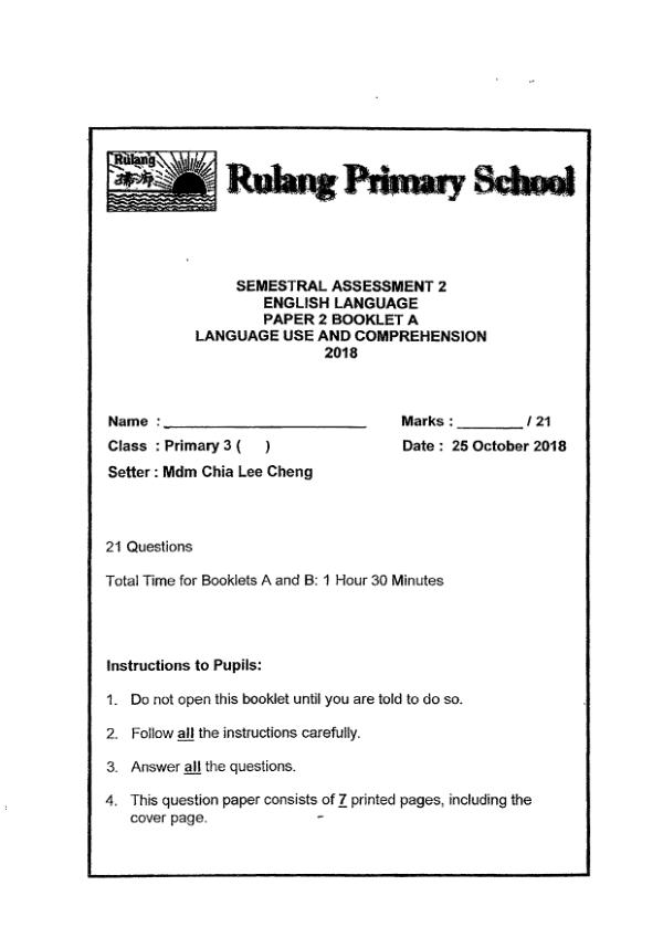 Rulang P3 Eng SA2 2018 exam paper PDF preview