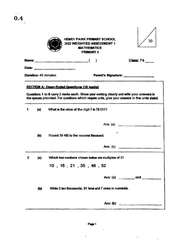 First page preview of P4 Math 2023 WA2 — Henry Park