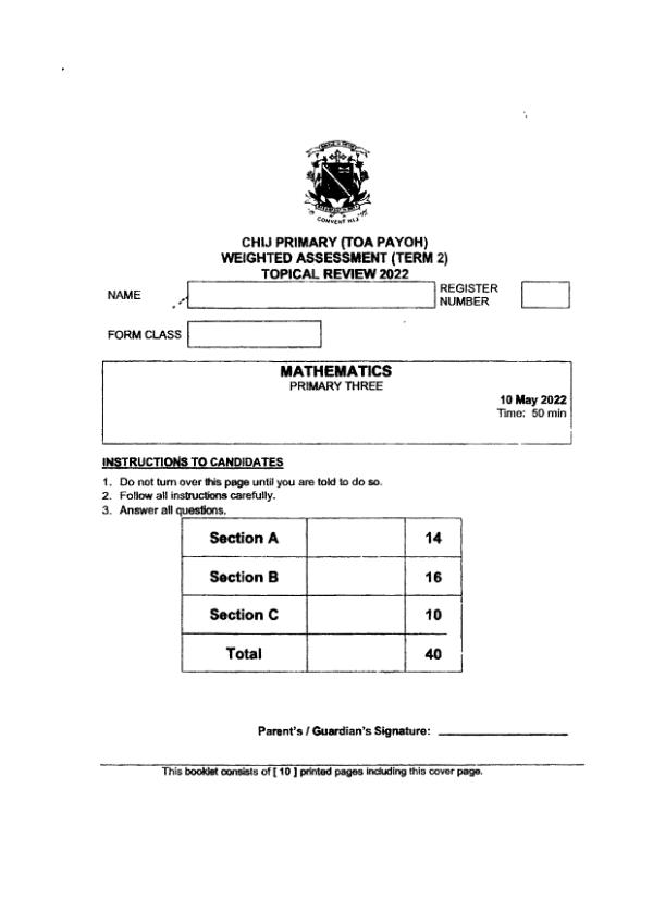 First page preview of P3 Math 2022 WA3 — CHIJ