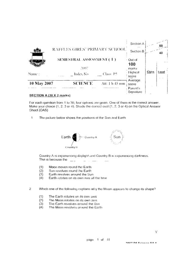 Raffles Girls P5 Sci WA2 2007 exam paper PDF preview