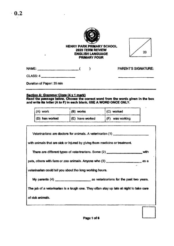 Henry Park P4 Eng WA1 2023 exam paper PDF preview