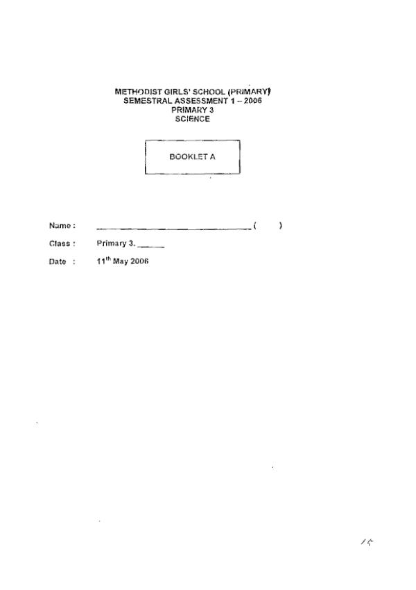 Methodist Girls P3 Sci WA2 2006 exam paper PDF first page preview