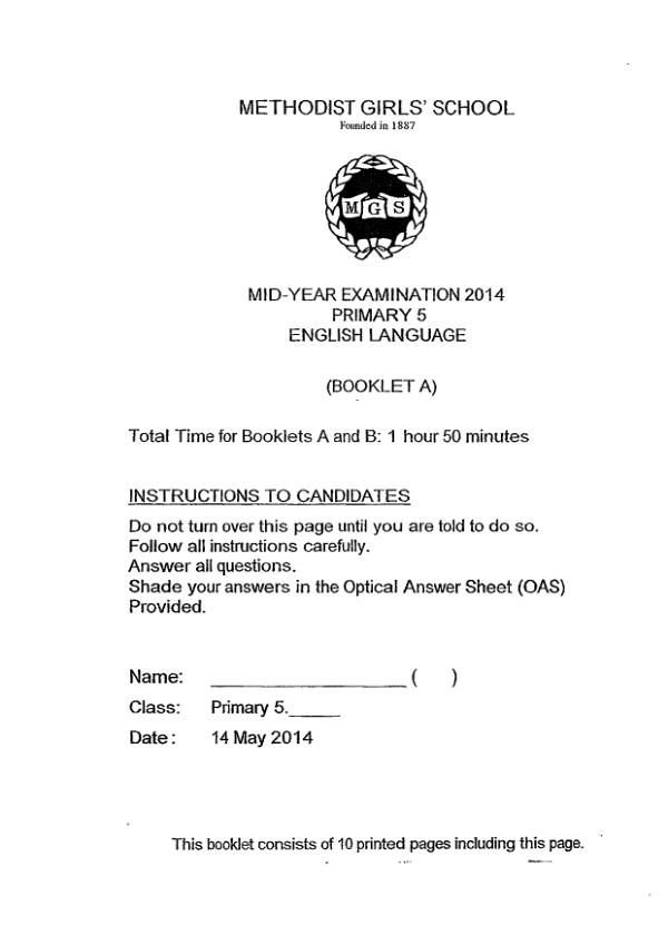 Methodist Girls P5 Eng WA2 2014 exam paper PDF first page preview