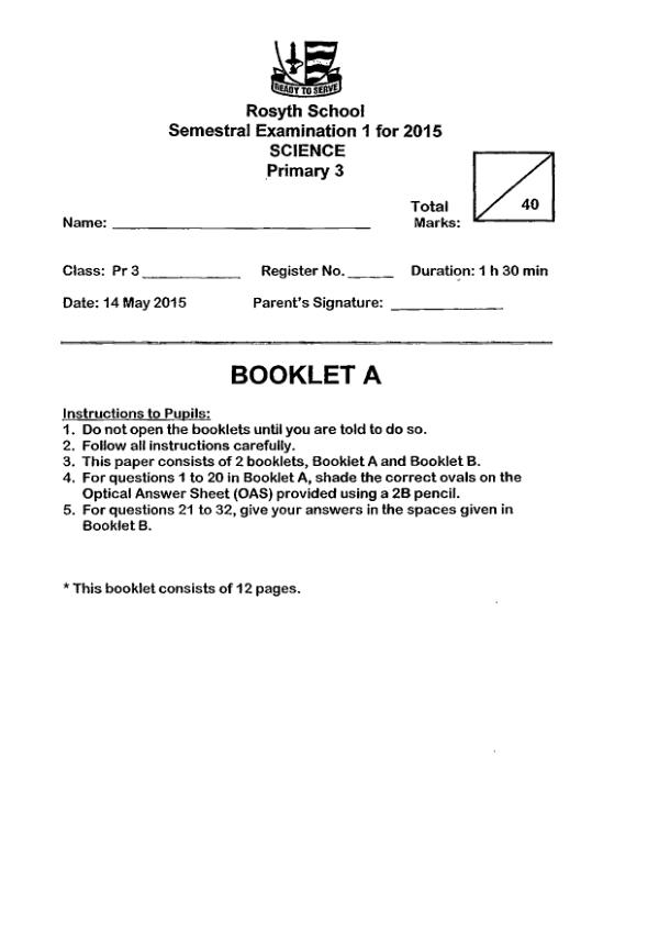 Rosyth P3 Sci WA2 2015 exam paper PDF first page preview