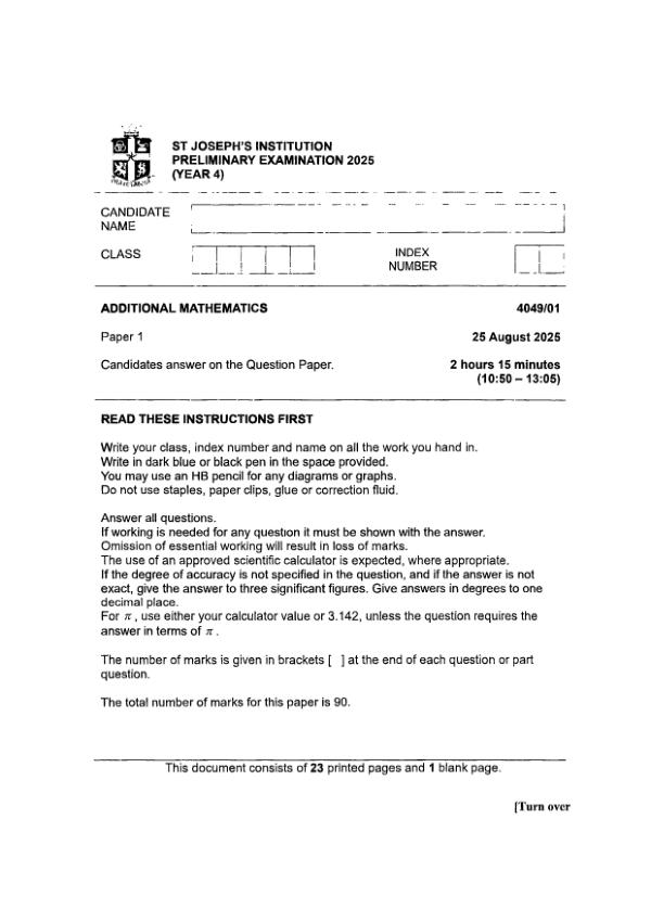 St Josephs Sec4 A_Maths Prelim 2025 exam paper PDF preview
