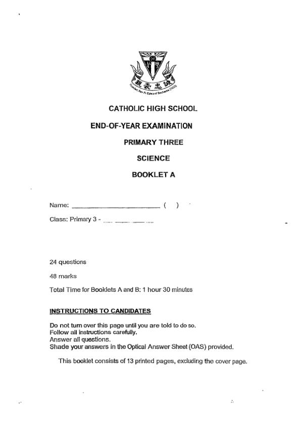 Catholic High P3 Sci SA2 2023 exam paper PDF preview