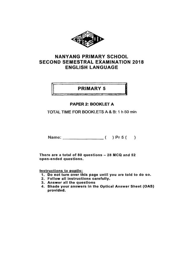 Nanyang P5 Eng SA2 2018 exam paper PDF preview