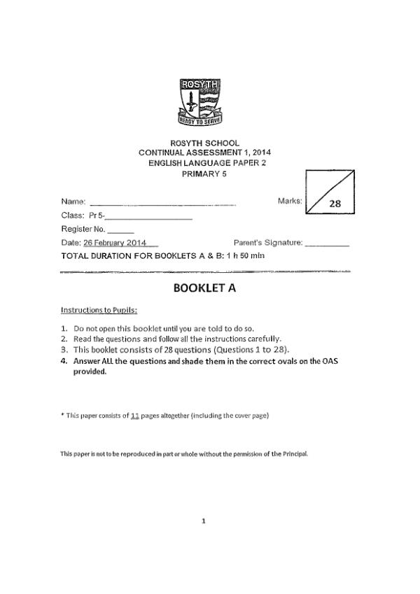Rosyth P5 Eng WA1 2014 exam paper PDF preview