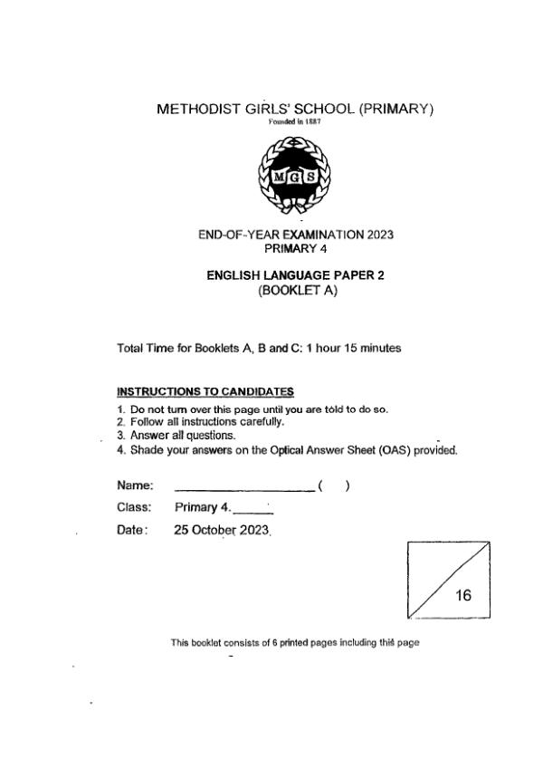 Methodist Girls P4 Eng SA2 2023 exam paper PDF preview