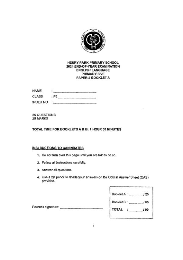 First page preview of P5 Eng 2024 SA2 — Henry Park