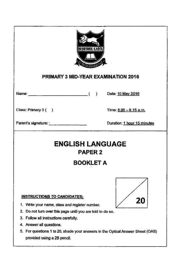 Tao Nan P3 Eng WA2 2016 exam paper PDF first page preview
