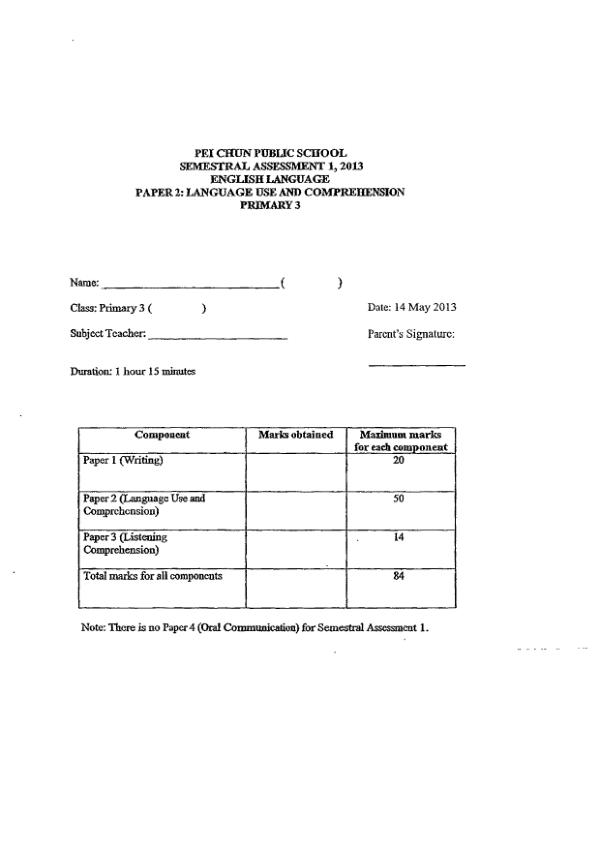 Pei Chun P3 Eng WA2 2013 exam paper PDF first page preview