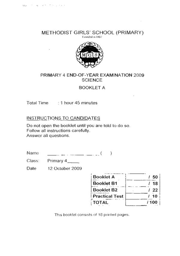 Methodist Girls P4 Sci SA2 2009 exam paper PDF preview