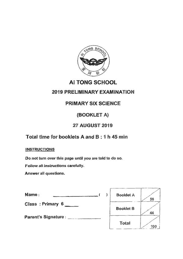 Ai Tong P6 Sci SA2 2019 exam paper PDF preview