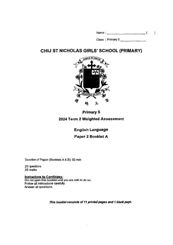 First page preview of P5 Eng 2024 WA2 — CHIJ
