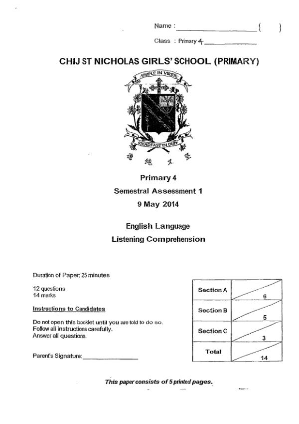 CHIJ P4 Eng WA2 2014 exam paper PDF preview
