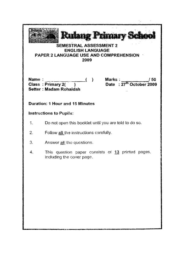 Rulang P2 Eng SA2 2009 exam paper PDF first page preview