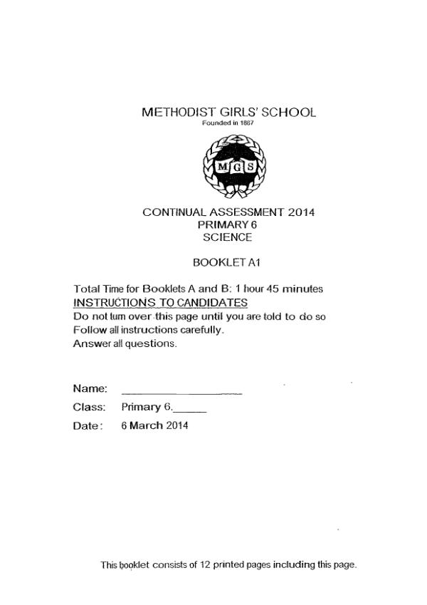 Methodist Girls P6 Sci WA1 2014 exam paper PDF preview
