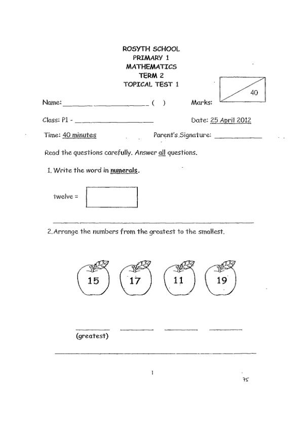 Rosyth P1 Math WA2 2012 exam paper PDF first page preview