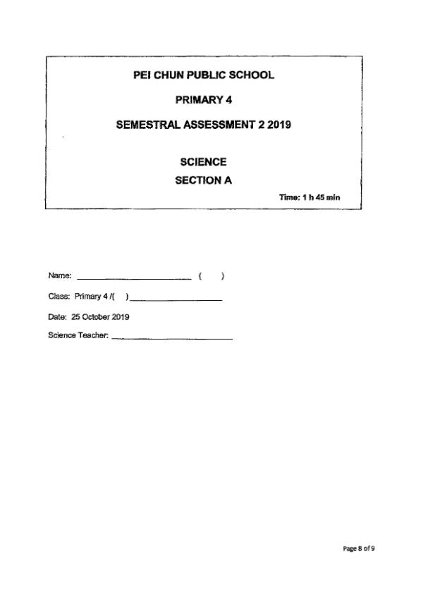 Pei Chun P4 Sci SA2 2019 exam paper PDF preview