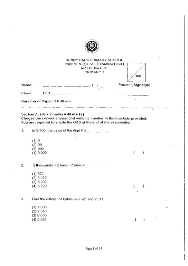 Henry Park P3 Math WA2 2008 exam paper PDF first page preview