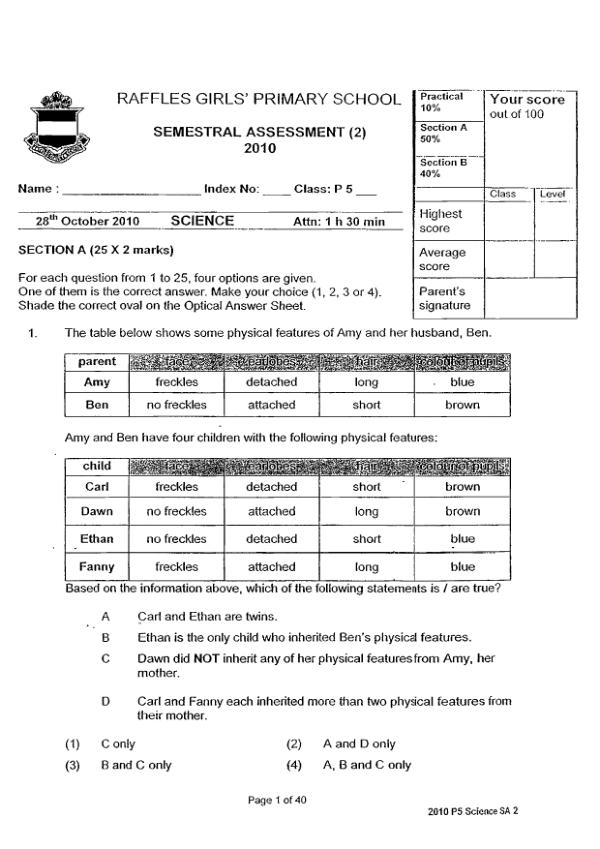 Raffles Girls P5 Sci SA2 2010 exam paper PDF first page preview