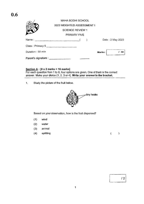 Maha Bodhi P5 Sci WA2 2023 exam paper PDF first page preview
