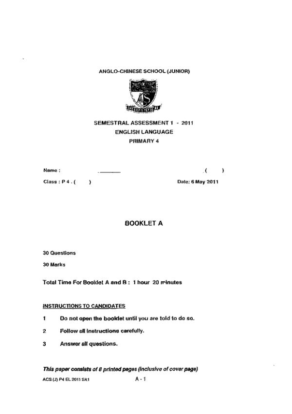 Anglo Chinese P4 Eng WA2 2011 exam paper PDF preview