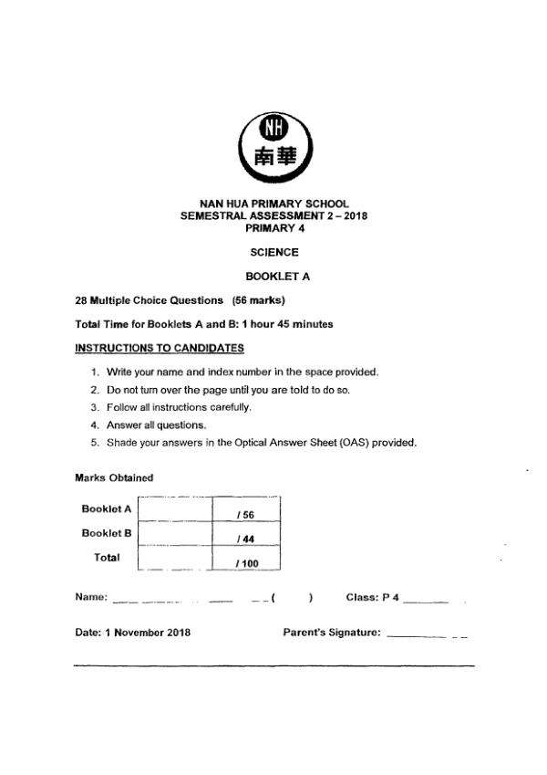 Nan Hua P4 Sci SA2 2018 exam paper PDF first page preview