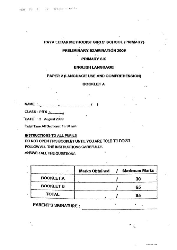 Methodist Girls P6 Eng SA2 2009 exam paper PDF first page preview