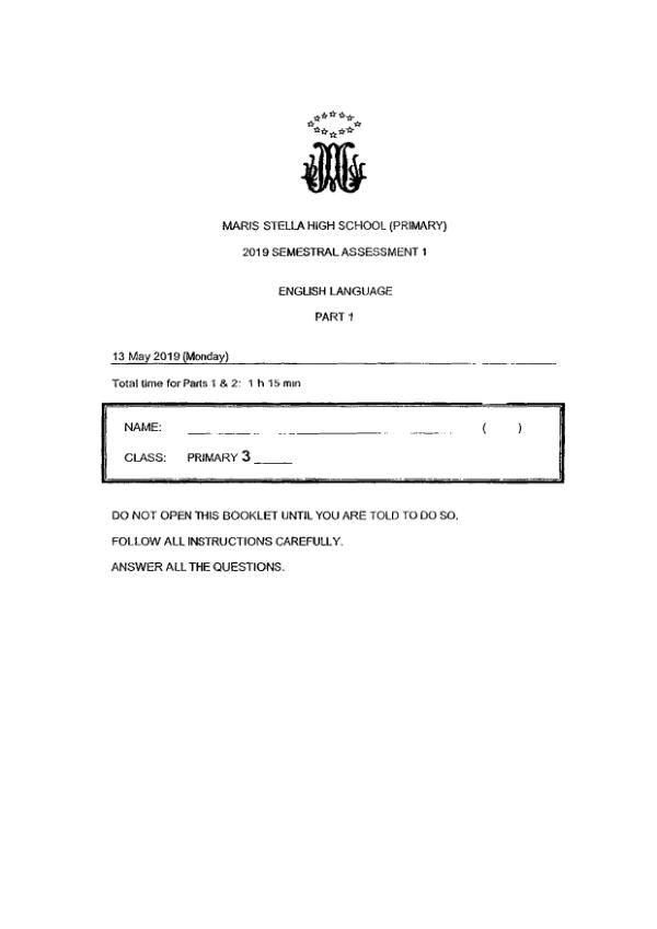 Maris Stella High P3 Eng WA2 2019 exam paper PDF first page preview