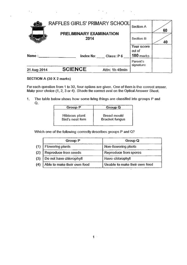 Raffles Girls P6 Sci SA2 2014 exam paper PDF first page preview