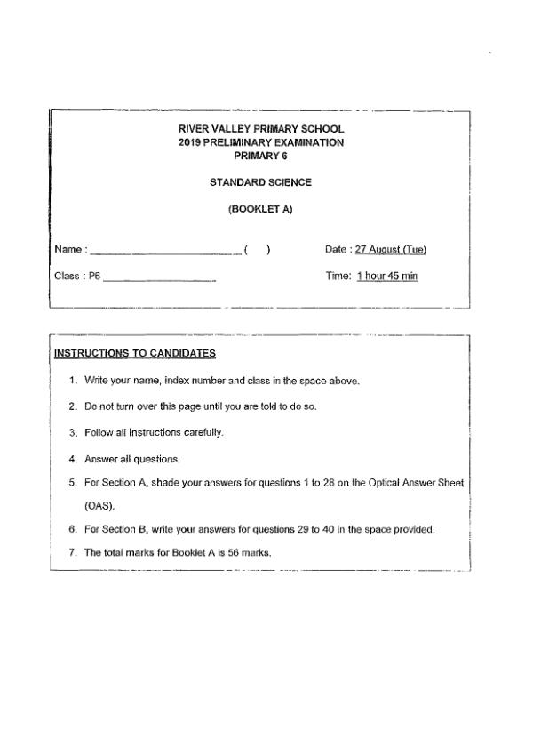 River Valley P6 Sci SA2 2019 exam paper PDF first page preview