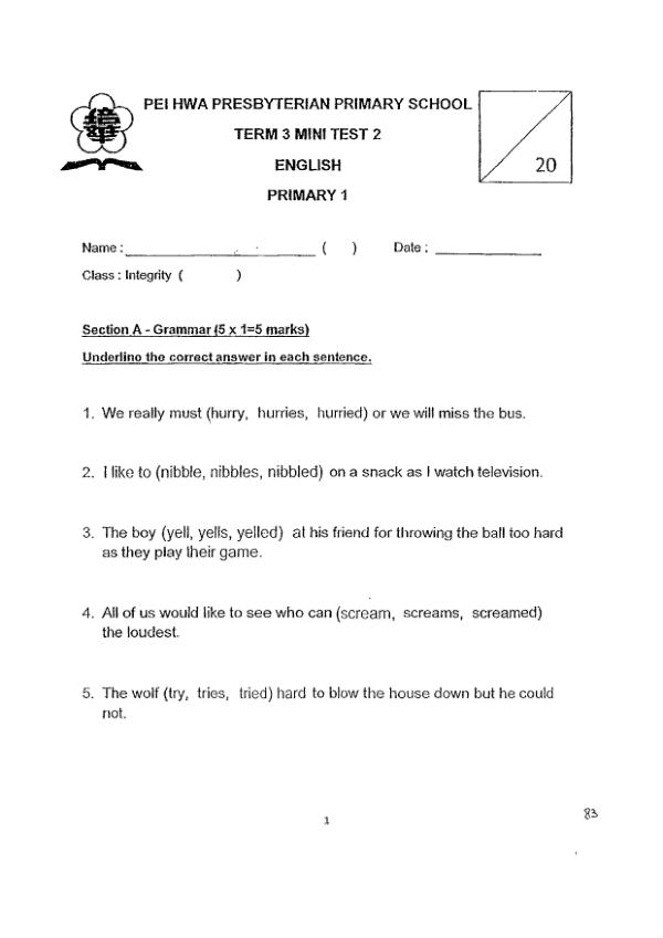 Pei Hwa P1 Eng WA3 2012 exam paper PDF first page preview