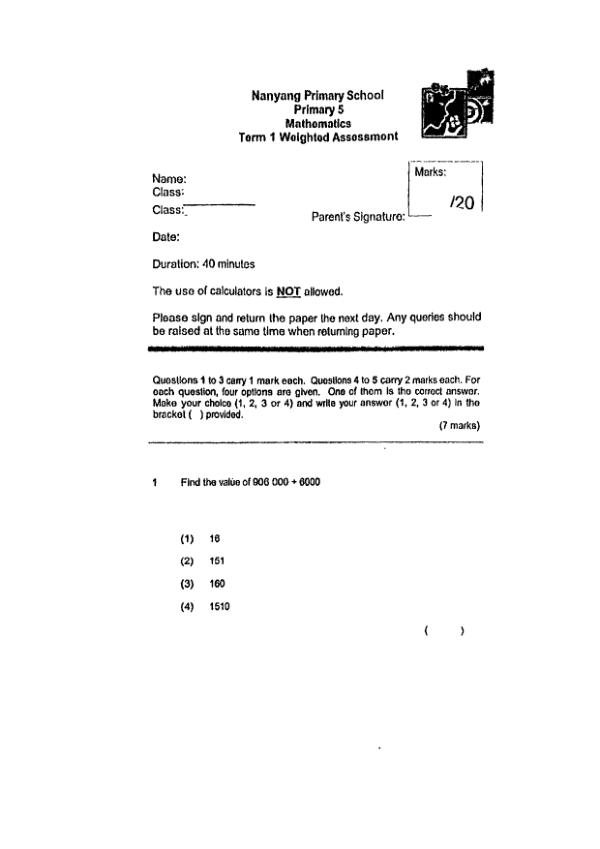 First page preview of P5 Math 2024 WA1 — Nanyang