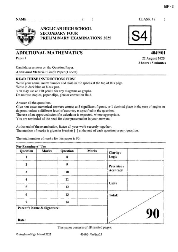 Anglican Sec4 A_Maths Prelim 2025 exam paper PDF preview