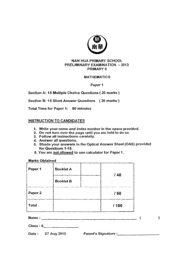 Nan Hua P6 Math SA2 2013 exam paper PDF preview
