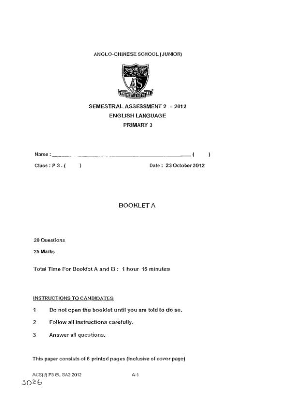 Anglo Chinese P3 Eng SA2 2012 exam paper PDF preview